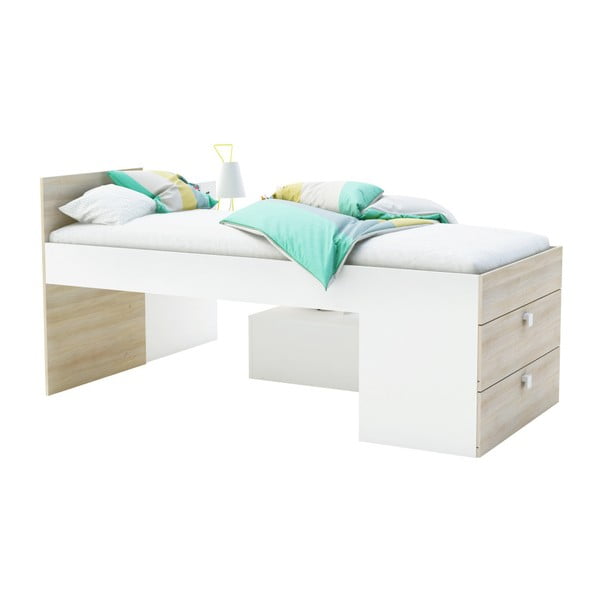 Białe łóżko jednoosobowe ze schowkiem w kolorze drewna 13Casa Fox, 90x200 cm