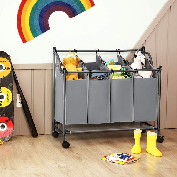 Szary kosz na pranie na kółkach z 4 segmentami Songmics-image-1