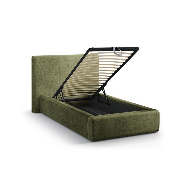 Zielone tapicerowane łóżko jednoosobowe ze schowkiem i stelażem 90x200 cm Amy – Micadoni -image-1
