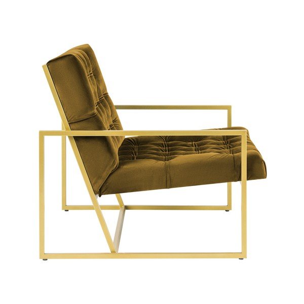 Musztardowy fotel z konstrukcją w kolorze złota Mazzini Sofas Bono-image-3