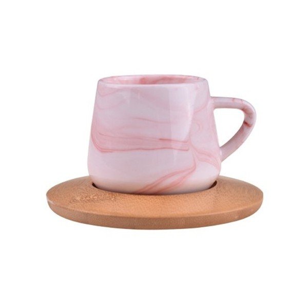 Zestaw 6 jasnoróżowych porcelanowych kubków i podkładek bambusowych Bambum Ebru-image-1