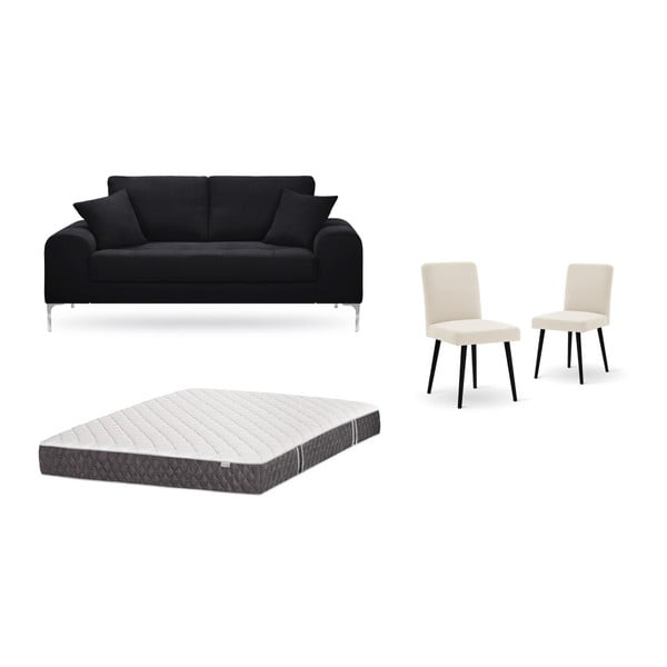 Zestaw 2-osobowej czarnej sofy, 2 kremowych krzeseł i materaca 140x200 cm Home Essentials