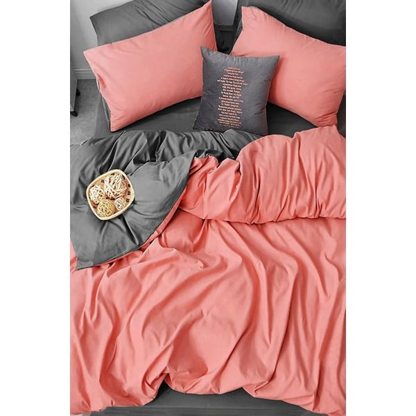 Łososiowo-szara bawełniana pościel dwuosobowa z prześcieradłem 200x220 cm – Mila Home-image-3