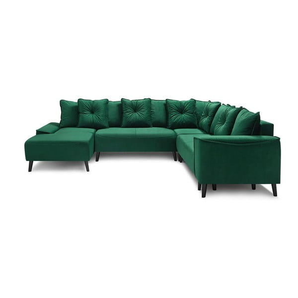 Zielona aksamitna sofa rozkładana w kształcie U Bobochic Paris Panoramique XXL Hera Bis, lewostronna