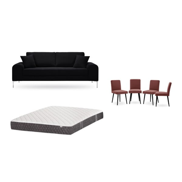 Zestaw 3-osobowej czarnej sofy, 4 czerwonych krzeseł i materaca 160x200 cm Home Essentials