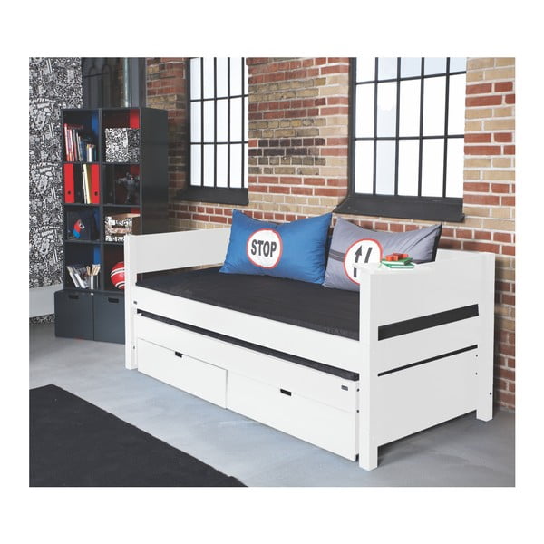Białe łóżko dziecięce z oparciem bocznym, dostawką i 2 szufladami Manis-h Luna, 90x200 cm