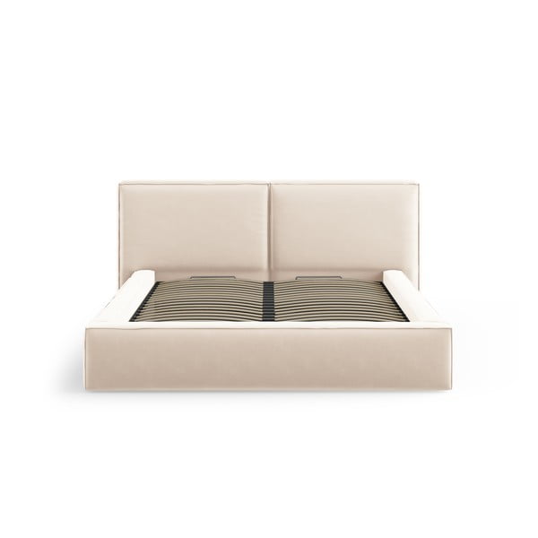 Kremowe aksamitne tapicerowane łóżko dwuosobowe ze schowkiem i stelażem 180x200 cm Arendal – Cosmopolitan Design-image-3