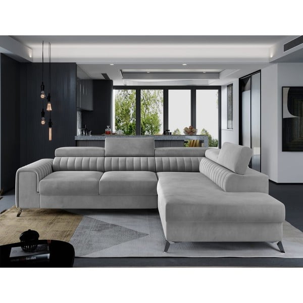 Szary aksamitny rozkładany/ze schowkiem narożnik (prawostronny/w kształcie litery L) Laurence – ELTAP-image-1