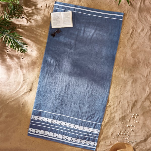 Niebieski bawełniany ręcznik plażowy 90x180 cm Anchors – Catherine Lansfield-image-1