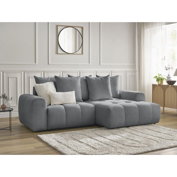 Szary rozkładany narożnik z tkaniny szenilowej ze schowkiem (prawostronny/z szezlongiem) Roxelane – Bobochic Paris-image-4