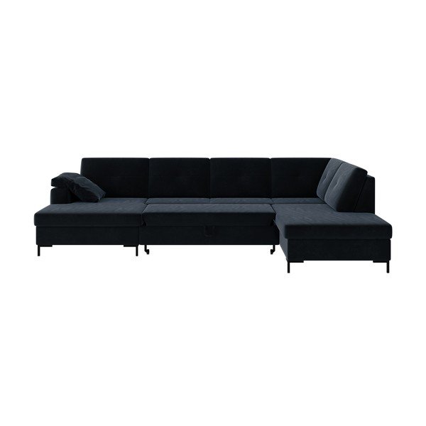 Ciemnoniebieska aksamitna rozkładana sofa w kształcie U Ghado Moor, prawostronna-image-3