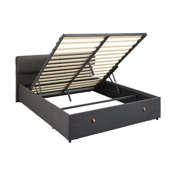 Ciemnoszare tapicerowane łóżko dwuosobowe ze schowkiem i stelażem 160x200 cm Calvi – Actona-image-3