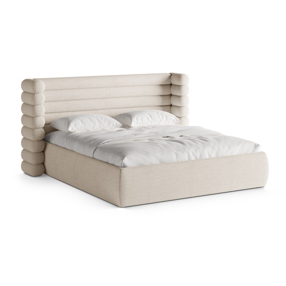Beżowe tapicerowane łóżko dwuosobowe ze schowkiem i stelażem 160x200 cm Mount – Micadoni