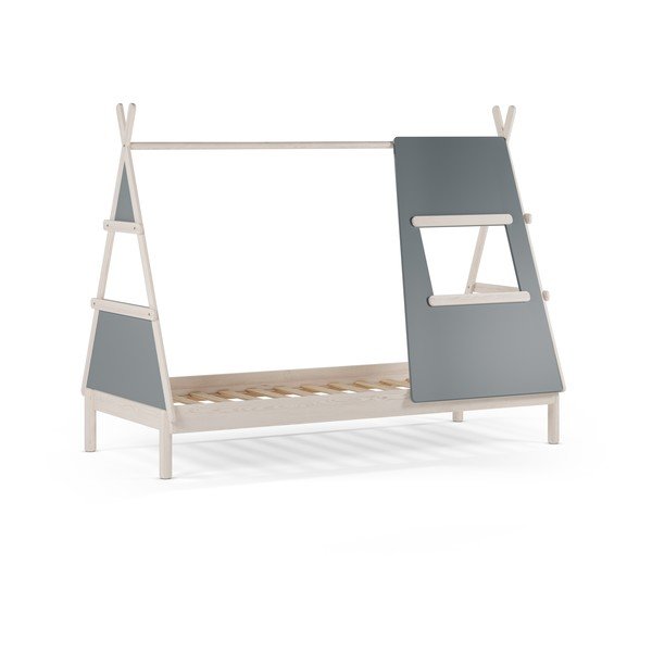 Szarozielone łóżko dziecięce z litego drewna sosnowego w kształcie domku ze stelażem 90x200 cm Enola – Marckeric