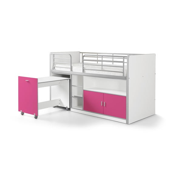 Biało-fuksjowe łóżko piętrowe z wysuwanym biurkiem i schowkiem Vipack Bonny, 200x90 cm