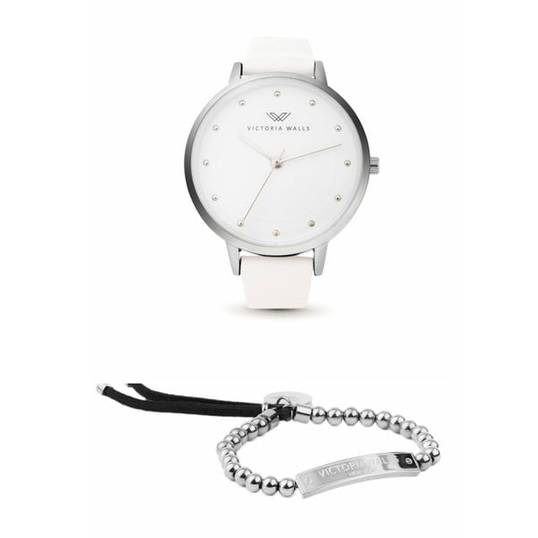 Zestaw damskiego zegarka z białym skórzanym paskiem i bransoletki Victoria Walls Alice