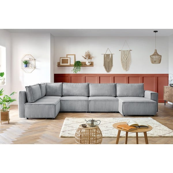 Jasnoszary sztruksowy narożnik (lewostronny/w kształcie litery U) Nihad modular – Bobochic Paris-image-1