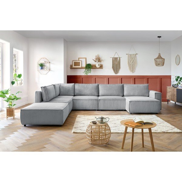 Jasnoszary sztruksowy narożnik (lewostronny/w kształcie litery U) Nihad modular – Bobochic Paris-image-1