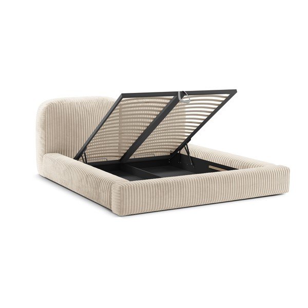 Beżowe tapicerowane łóżko dwuosobowe ze schowkiem i stelażem 200x200 cm Martina – Micadoni -image-2