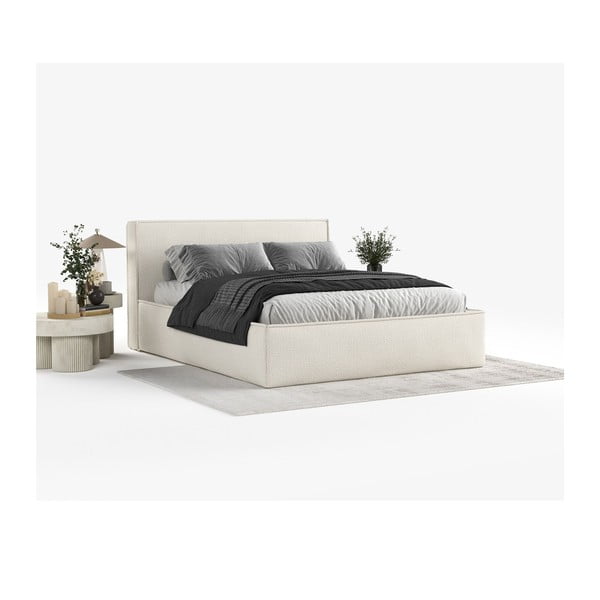 Beżowe tapicerowane łóżko dwuosobowe ze schowkiem ze stelażem 160x200 cm Lounge L – Maison de Rêve-image-1