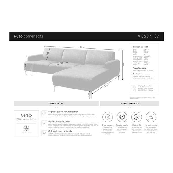 Brązowa skórzana sofa narożna MESONICA Puzo, lewy róg-image-4