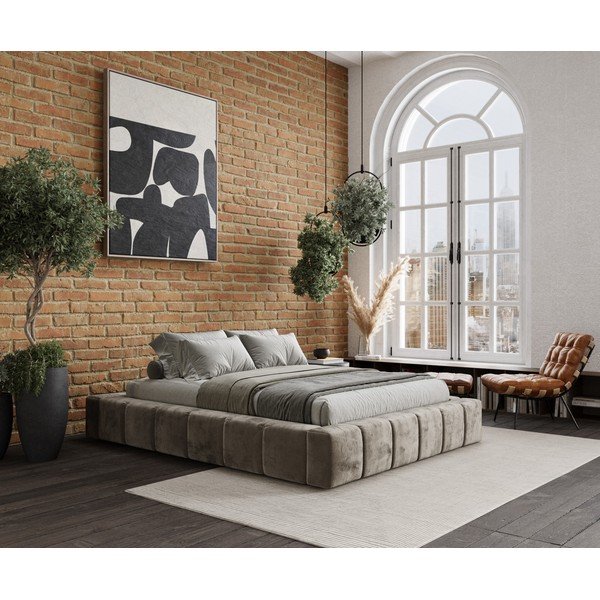 Beżowe tapicerowane łóżko dwuosobowe ze schowkiem i stelażem 160x200 cm Aruba L – Maison de Rêve-image-1