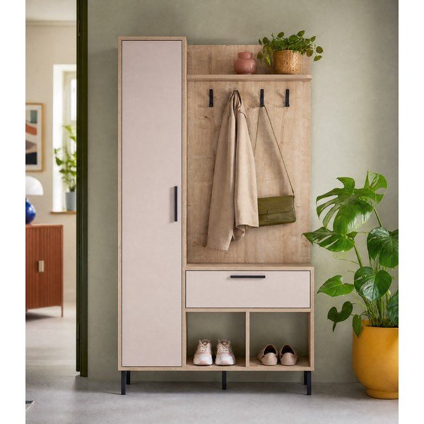 Kremowo-naturalny zestaw do przedpokoju w dekorze dębu 108x195x35 cm Heidy – Marckeric-image-1
