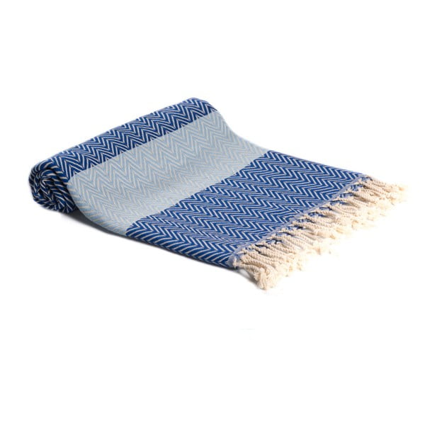 Niebieski ręcznik kąpielowy tkany ręcznie Ivy's Asli, 95x180 cm