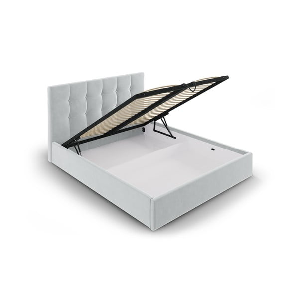 Jasnoszare tapicerowane łóżko dwuosobowe ze schowkiem ze stelażem 160x200 cm Nerin – Mazzini Beds-image-3