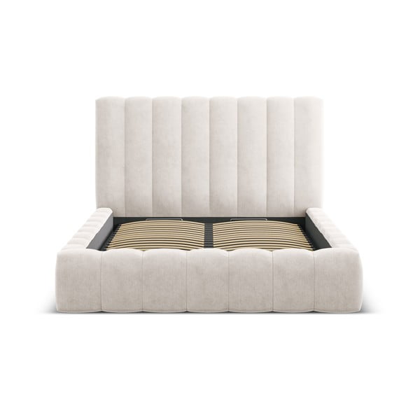 Kremowe tapicerowane łóżko dwuosobowe ze schowkiem i stelażem 200x200 cm Kelp – Micadoni Home-image-3