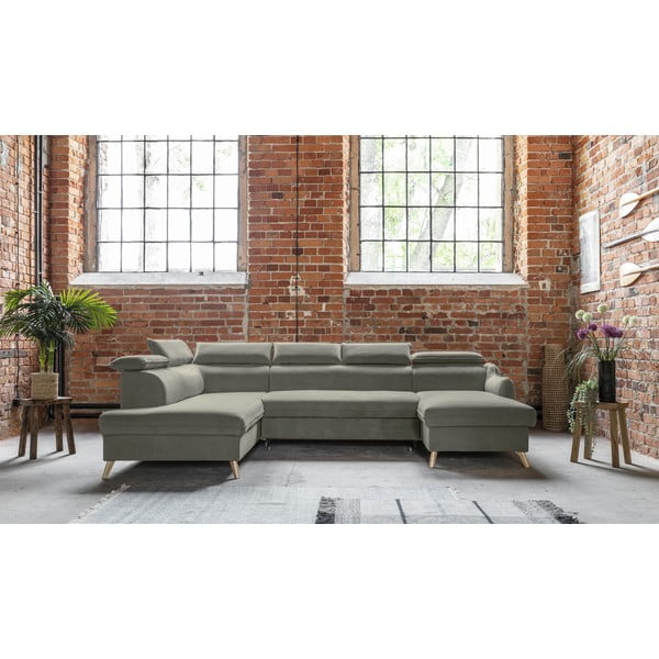 Jasnoszary aksamitny rozkładany narożnik (lewostronny/w kształcie litery U) Sweet Harmony – Miuform-image-1