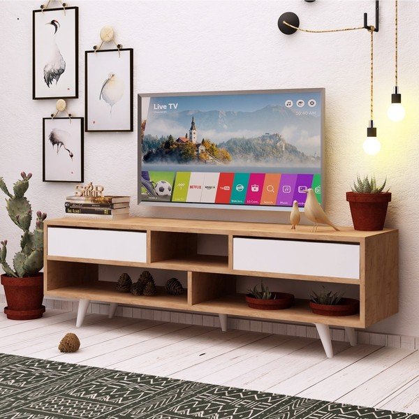 Biała szafka pod TV z detalami z dekorem drewna dębowego Garetto Glasgow-image-3