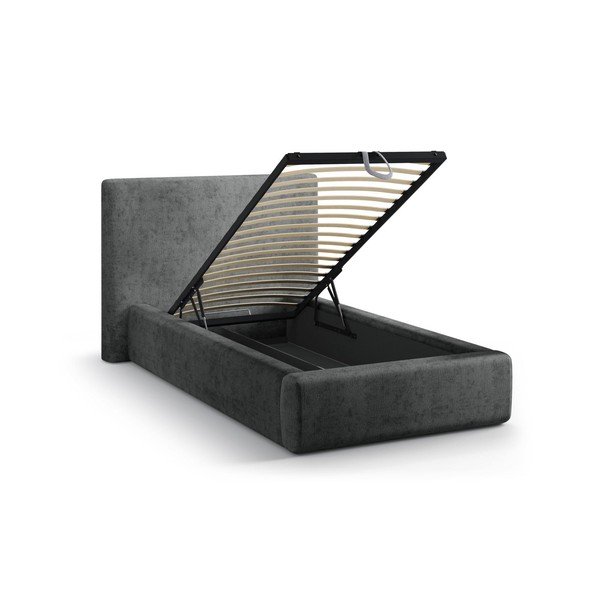 Ciemnoszare tapicerowane łóżko jednoosobowe ze schowkiem i stelażem 90x200 cm Amy – Micadoni -image-1