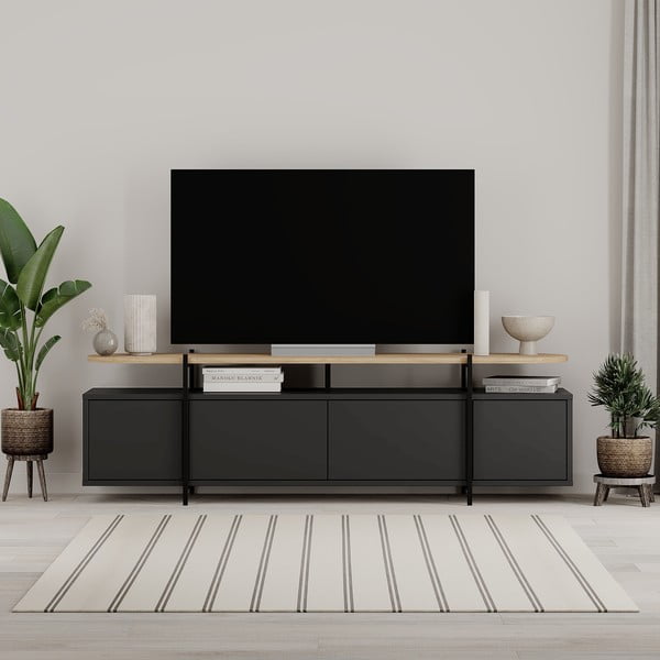 Czarna szafka pod TV w dekorze dębu 160x48 cm Hinoa – Marckeric-image-1