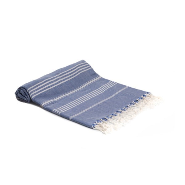 Niebieski ręcznik kąpielowy tkany ręcznie Ivy's Berna, 95x180 cm