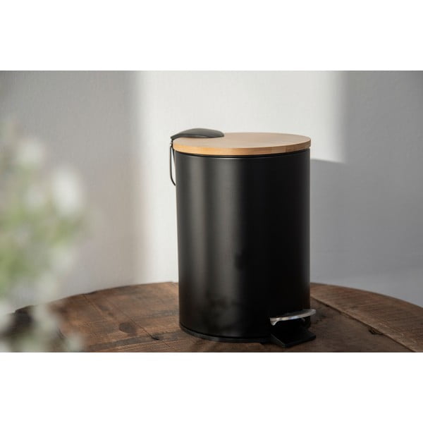 Czarny kosz na śmieci z bambusową pokrywą Wenko Tortona, 3 l-image-4