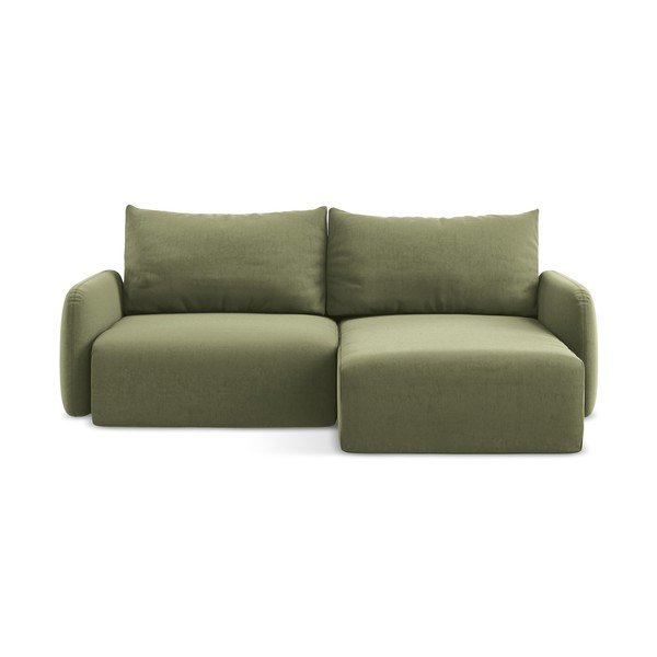 Zielony aksamitny rozkładany/ze schowkiem narożnik (prawostronny/z szezlongiem) Kalena – Makamii