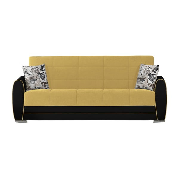 Ciemnożółto-czarna trzyosobowa sofa rozkładana ze schowkiem Esidra Rest