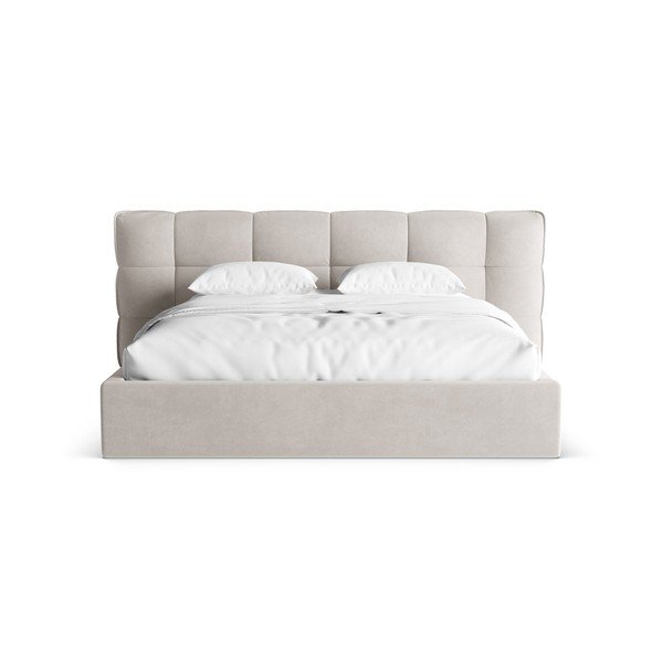 Beżowe tapicerowane łóżko dwuosobowe ze schowkiem i stelażem 200x200 cm Eric – Micadoni -image-4