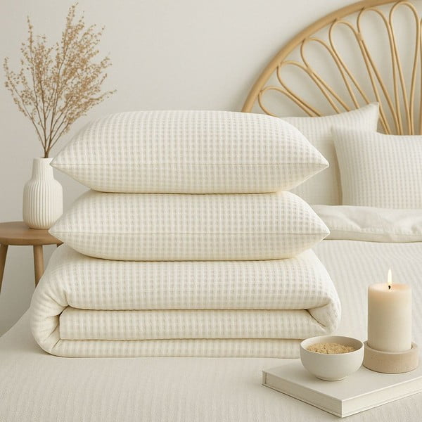 Biała pościel jednoosobowa z bawełny renforcé 140x200 cm Waffle Striped – Mila Home Luxury-image-3