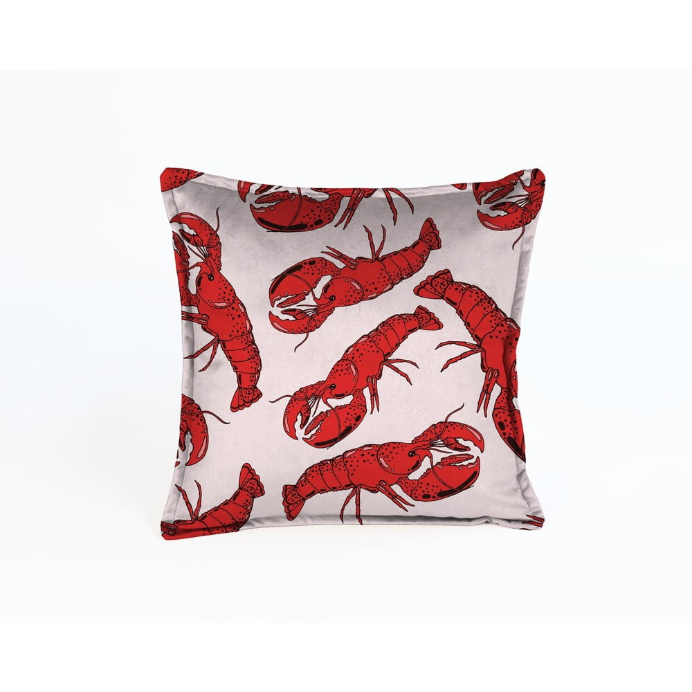 Różowa aksamitna poduszka z motywem homarów Velvet Atelier Lobster, 45x45 cm
