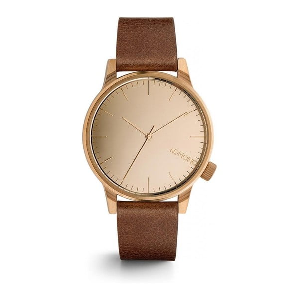 Brązowy zegarek unisex ze skórzanym paskiem i cyferblatem w kolorze różowego złota Komono Mirror