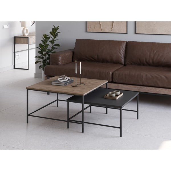 Czarne stoliki z blatem w dekorze dębu zestaw 2 szt. 80x80 cm Fiorenza – Marckeric-image-1