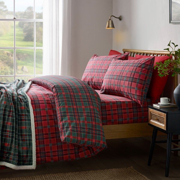Czerwona/ciemnozielona pościel jednoosobowa 135x200 cm Tartan Check – Catherine Lansfield-image-1