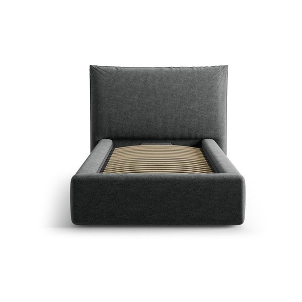 Ciemnoszare tapicerowane łóżko jednoosobowe ze schowkiem i stelażem 90x200 cm Kaelle – Micadoni -image-3