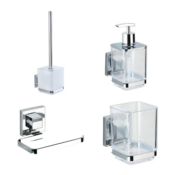 Samoprzylepny plastikowy zestaw akcesoriów łazienkowych w kolorze srebra z połyskiem Quadro – Wenko