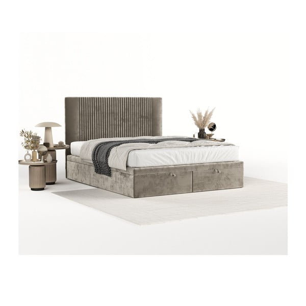 Beżowe tapicerowane łóżko dwuosobowe ze schowkiem 200x200 cm Mavel – Maison de Rêve-image-2