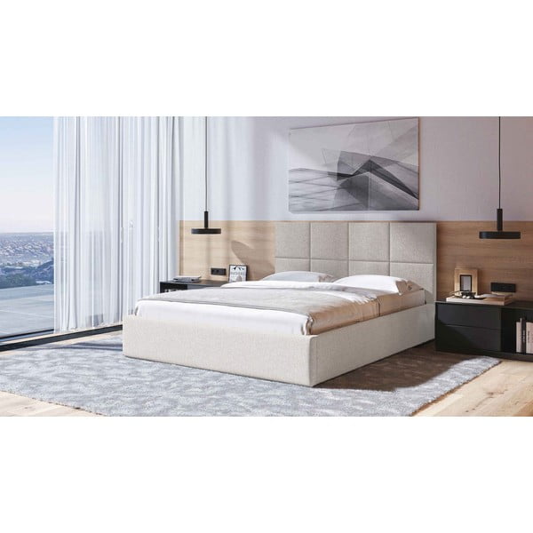 Beżowe tapicerowane łóżko dwuosobowe ze schowkiem i stelażem 160x200 cm Bufo – MESONICA-image-1