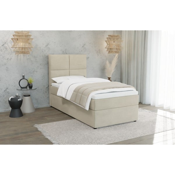 Beżowe tapicerowane łóżko ze schowkiem i stelażem 80x200 cm Lena – Ropez-image-1