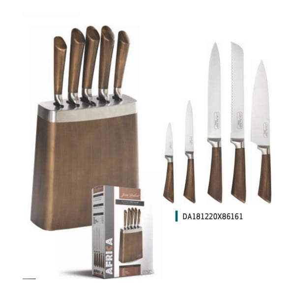 Zestaw 6 noży kuchennych w bloku ze stali nierdzewnej z imitacją drewna Jean Dubost
